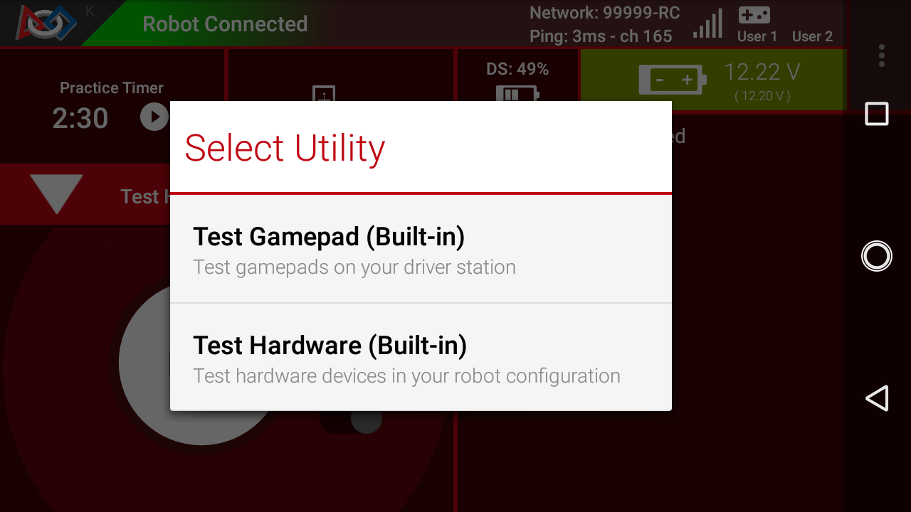 Utility OpMode dialogue in the Driver Station app