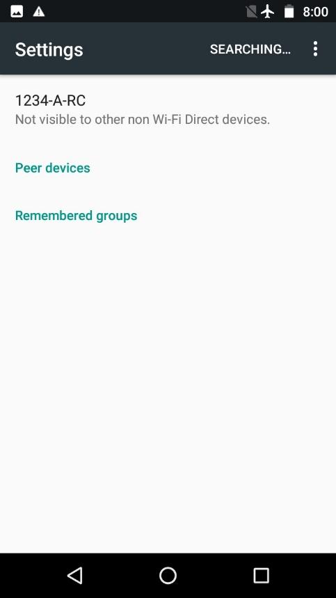 Wi-Fi Direct screen showing only the device name with no peer devices or remembered groups.