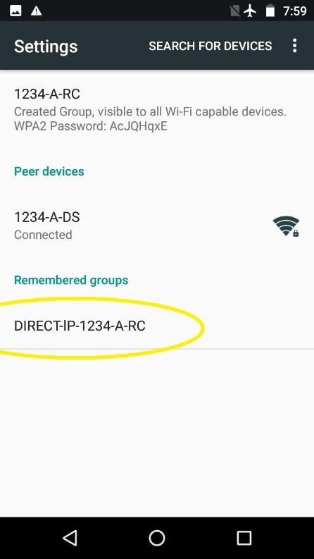 Wi-Fi Direct screen with a remembered group name circled.