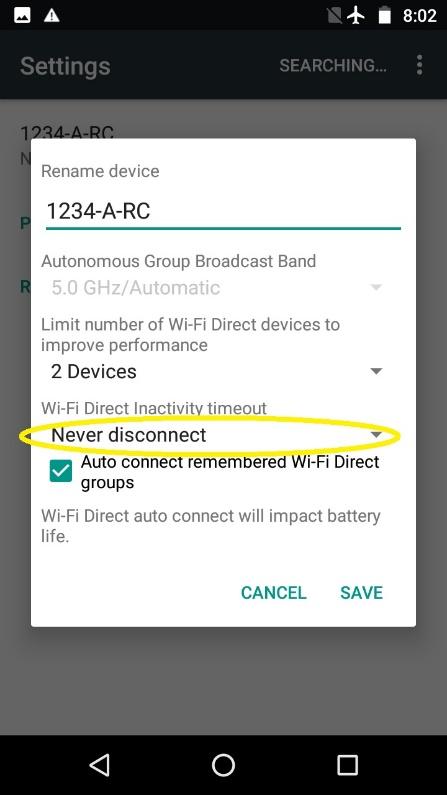 Rename device dialog with the Wi-Fi Direct inactivity timeout dropdown set to Never disconnect.