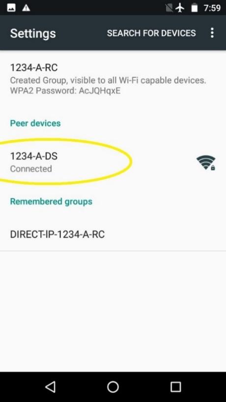 Wi-Fi Direct screen with a connected peer device circled.