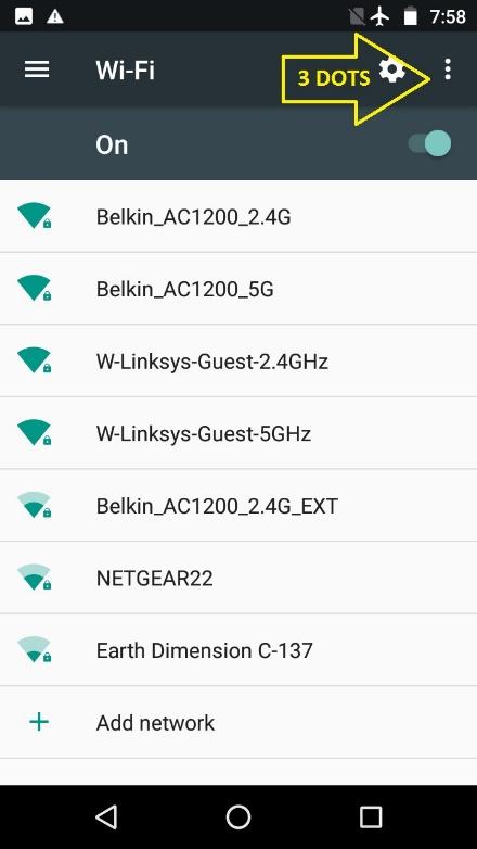 Wi-Fi network list screen with the three-dot overflow menu icon circled in the top right corner.