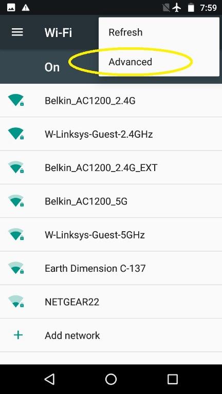 Wi-Fi overflow menu with the Advanced option circled.