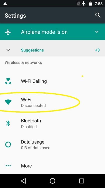 Android Settings screen with the Wi-Fi menu item circled.