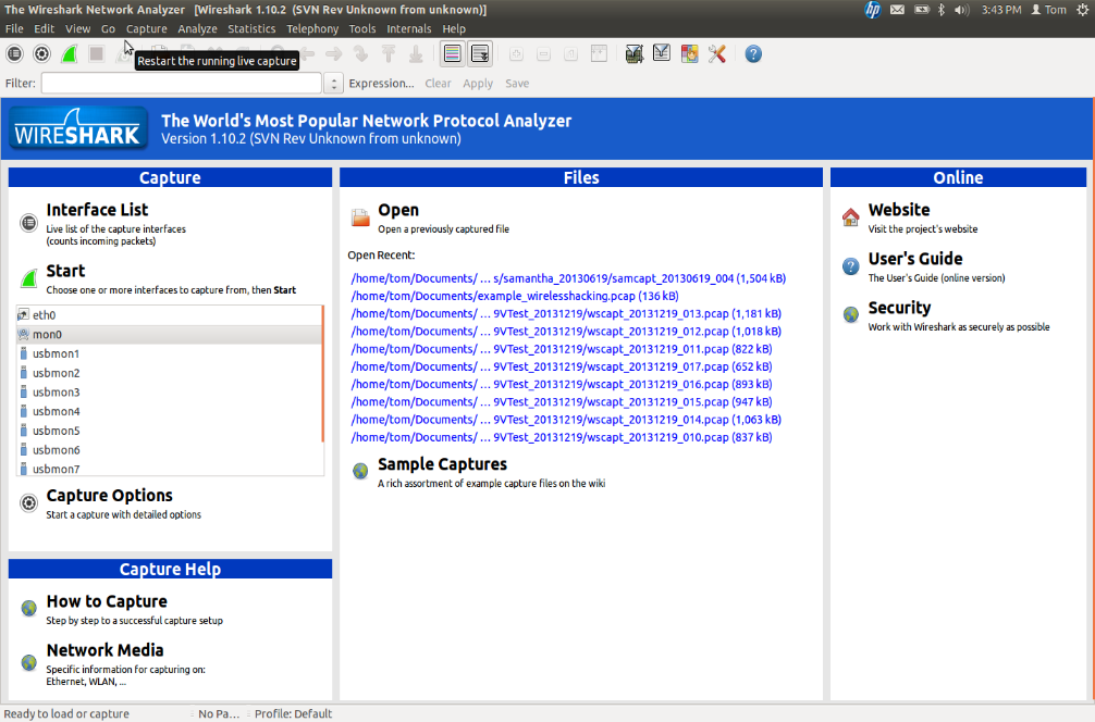 Wireshark start screen on Linux, listing capture interfaces such as eth0 and mon0 alongside recent capture files and online resource links.