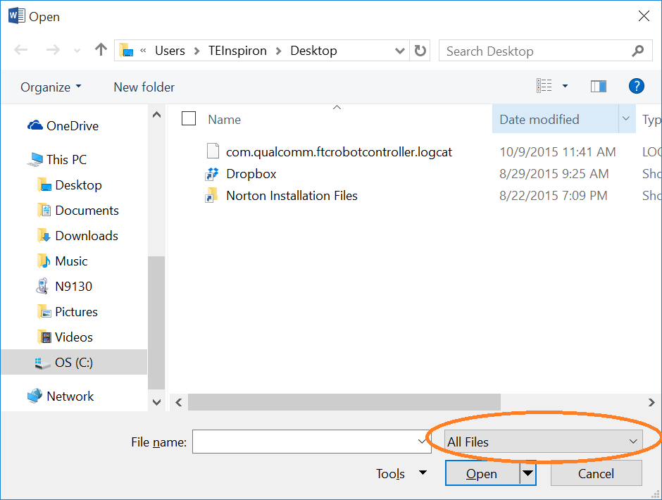 Microsoft Word Open dialog with the file type filter dropdown set to All Files, circled in orange.